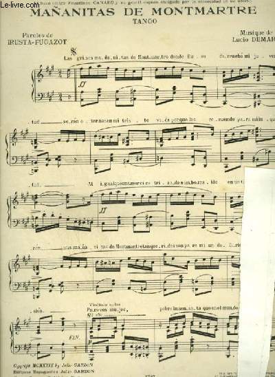 MANANITAS DE MONTMARTRE - TANGO POUR PIANO ET CHANT AVEC PAROLES ESPAGNOLES.