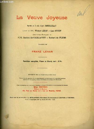 LA VEUVE JOYEUSE - OPERA EN 3 ACTES D'APRES MEILHAC - PARTITION COMPLETE, PIANO ET CHANT.