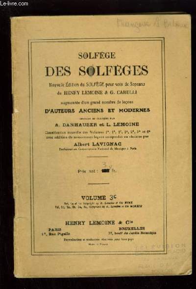 SOLFEGE DES SOLFEGES - VOLUME 3 C : ETUDE DE LA CLE D'UT 1 LIGNE.
