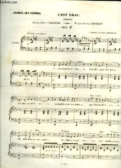 C'EST VRAI ! - ROMANCE POUR PIANO ET CHANT AVEC PAROLES.