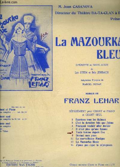 LA MAZOURKA BLEUE - N6 : TOUTE FEMME DEPUIS EVE - POUR PIANO ET CHANT AVEC PAROLES.