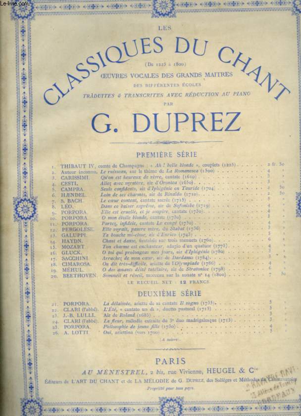 LE CONGE - CANATE DE PORPORA - N11 - POUR PIANO ET CHANT AVEC PAROLES.