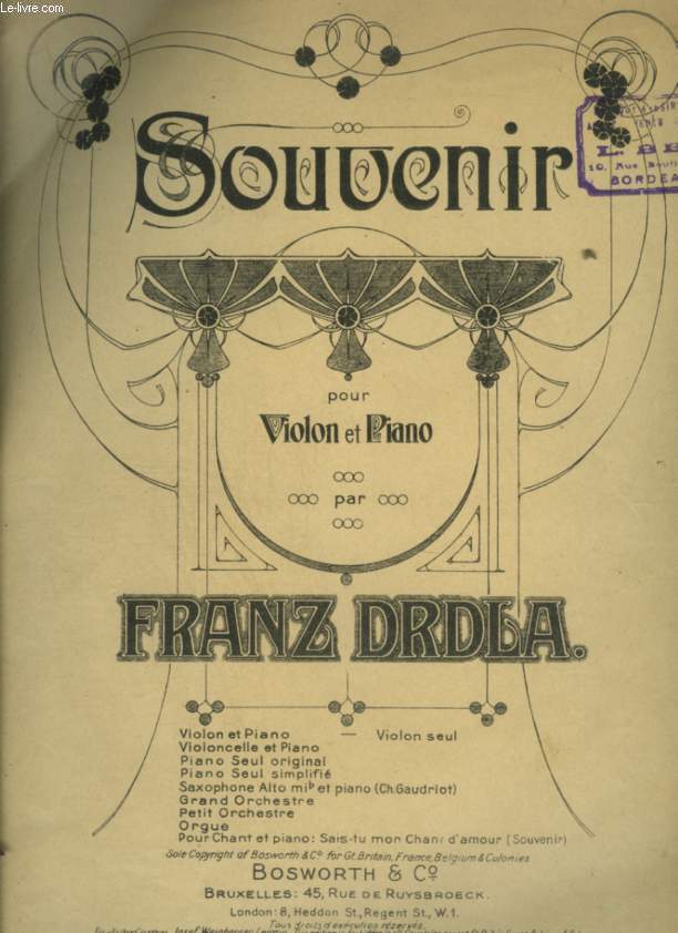 SOUVENIRS - PARTITION POUR VIOLON.