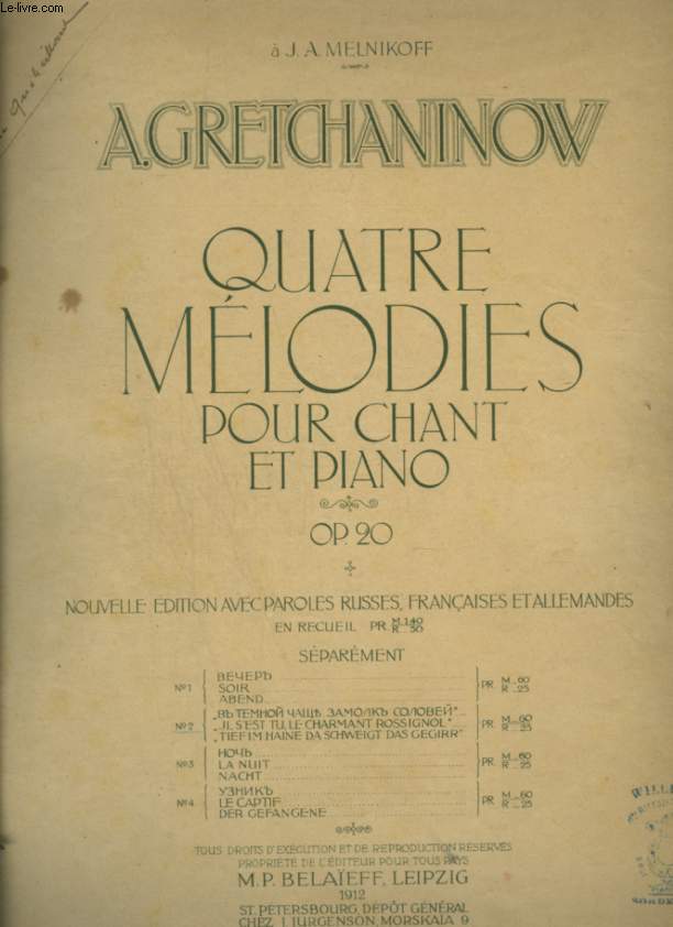 QUATRE MELODIES POUR CHANT ET PIANO - OP.20 - N2 : IL S'EST TU, LE CHARMANT ROSSIGNOL - PIANO + CHANT AVEC PAROLES FRANCAISE / ALLEMANDES / RUSSES.