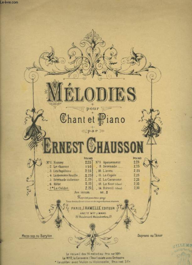 MELODIES POUR CHANT ET PIANO - N7 : LE COLIBRI - MEZZO SOPRANO OU BARYTON.