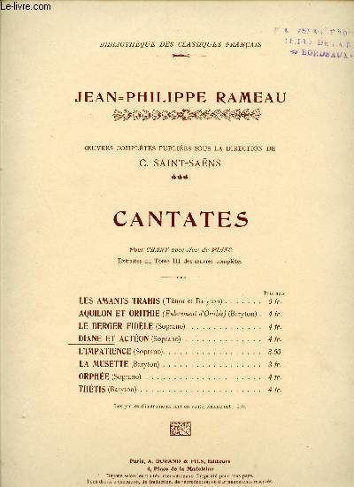 DIANE ET ACTEON - CANTATES - EXTRAITES DU TOME III DES OEUVRES COMPLETES