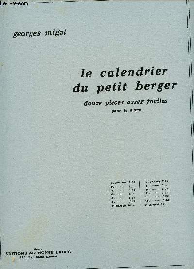 LE CALENDRIER DU PETIT BERGER - DOUZE PIECES ASSEZ FACILES POUR PIANO - N3