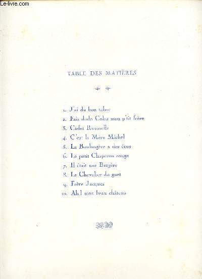 J'AI DU BON TABAC - FAIS DODO COLAS MON P'TIT FRERE - CADET ROUSSELLE - C'EST LA MERE MICHEL - LA BOULANGERE A DES ECUS - LE PETIT CHAPERON ROUGE - IL ETAIT UNE BERGERE - LE CHEVALIER DU GUET - FRERE JACQUES - AH! MON BEAU GATEAU