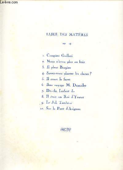 COMPERE GUILLERI - NOUS N'IRONS PLUS AU BOIS - IL PLEUT BERGERE - SAVEZ-VOUS PLANTER LES CHOUX ? - IL COURT LE FURET - BON VOYAGE M. DUMOLLET - DO-DO, L'ENFANT DO - IL ETAIT UN ROI D'YVETOT - LE JOLI TAMBOUR - SUR LE PONT D'AVIGNON