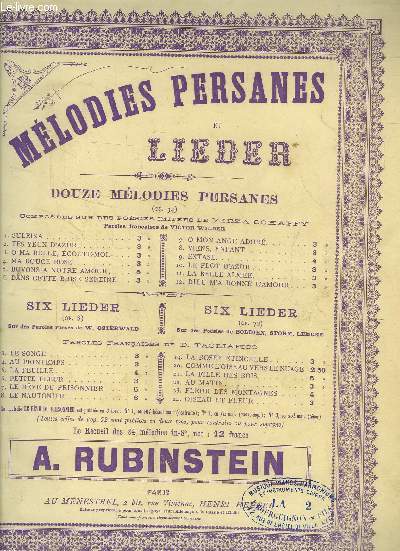 Mlodies persanes et lieder: Le rve du prisonnier Op 8 N 5, pour chant et piano