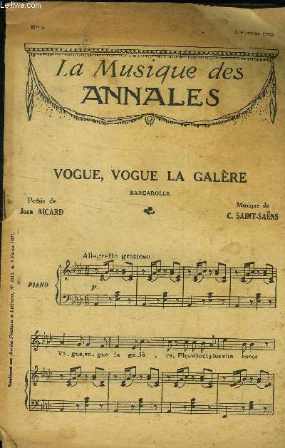 La musique des annales (supplment aux annales politiques et littraires) N 3 : 3 fvrier 1922 : Vogue, vogue la galre