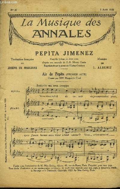 La musique des annales (supplment aux annales politiques et littraires) N 21 : 5 aot 1923 : Pepita Jimenez