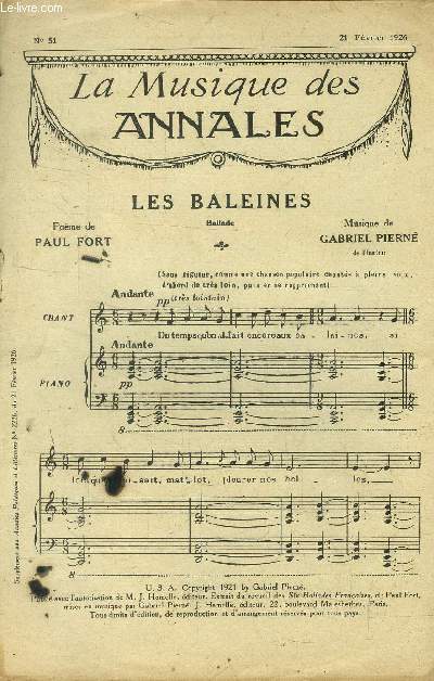 La musique des annales (supplment aux annales politiques et littraires) N 51 : 21 fvrier 1926 : Les baleines
