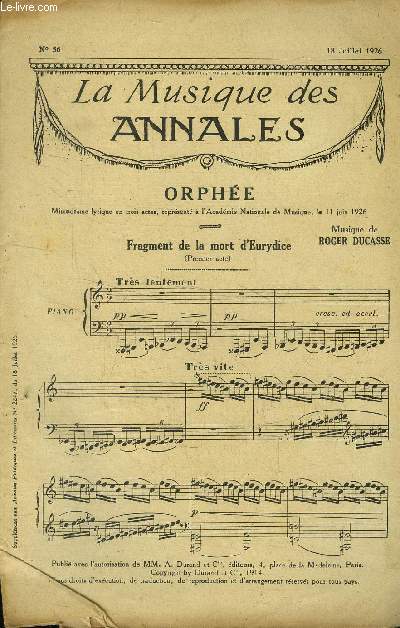 La musique des annales (supplment aux annales politiques et littraires) N 56 : 18 juillet 1926 : Orphe
