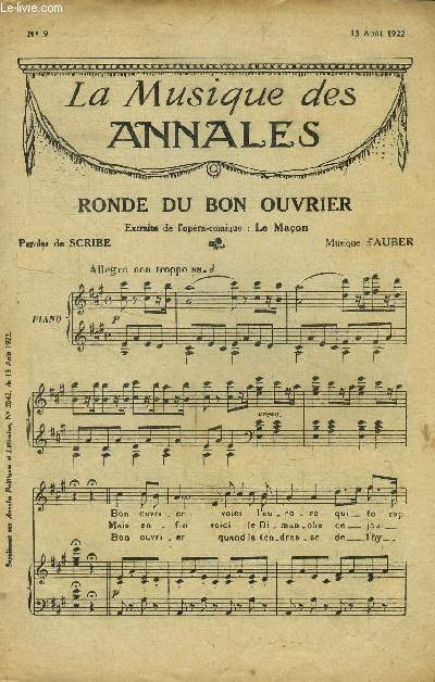 La musique des annales (supplment aux annales politiques et littraires) N 9 : 13 Aot 1922 : Ronde du bon ouvrier