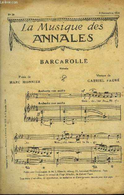 La musique des annales (supplment aux annales politiques et littraires) N 36 :9 novembre 1924 : Barcarolle