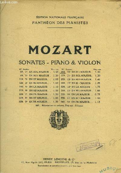 Mozart sonates pour piano et violon en si b majeur