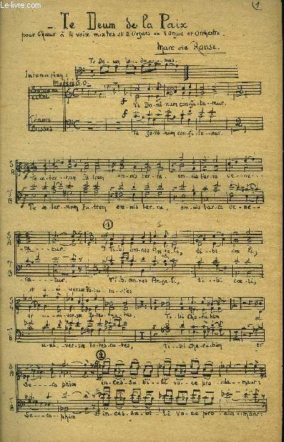 Te deum de la paix, pour choeur a 4 voix mixtes et 2 orgues ou 1 orgue et orchestre
