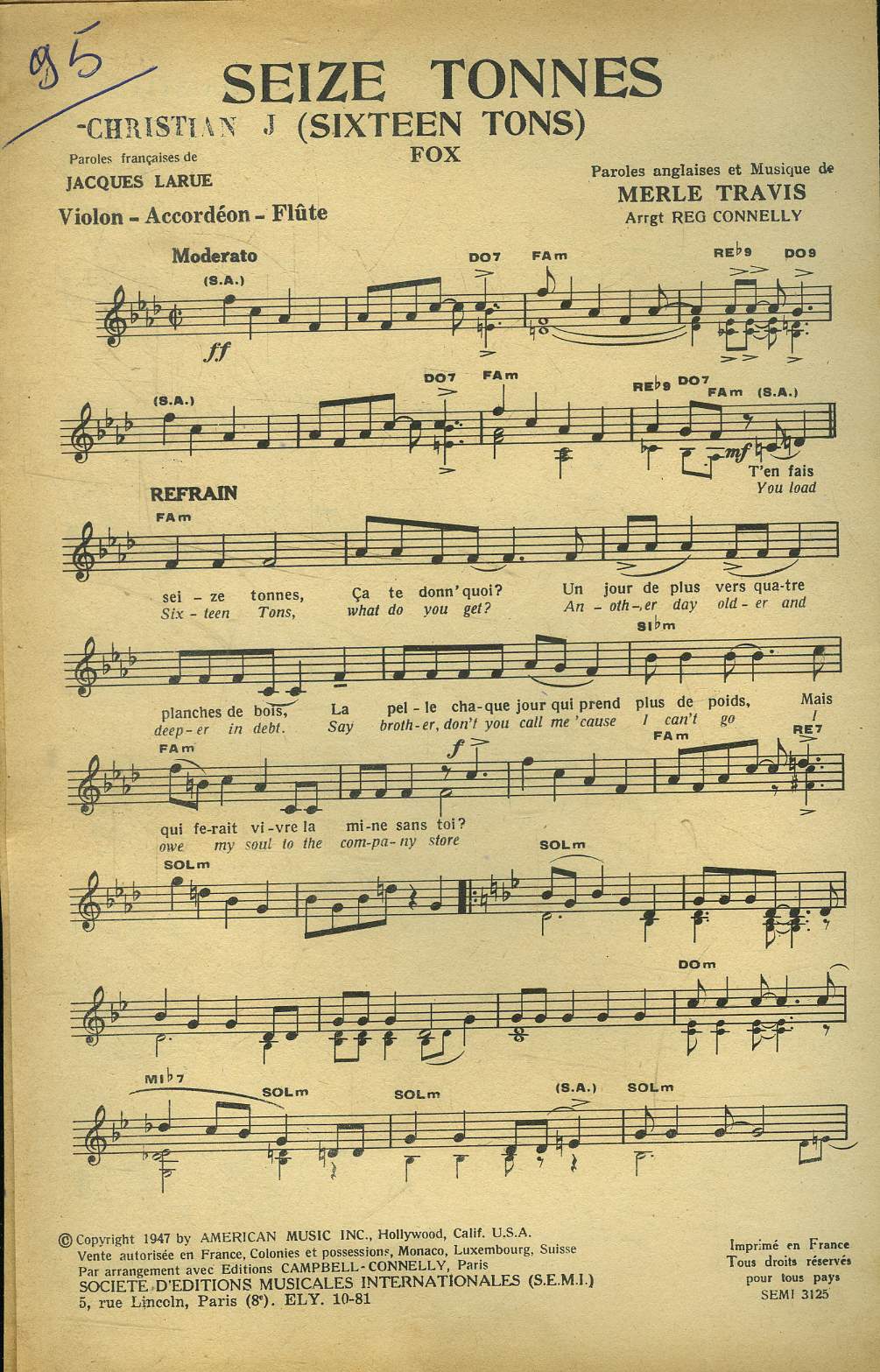 Carolina, danse pour violon accordon flte/ seize tonnes pour violon accordon flte