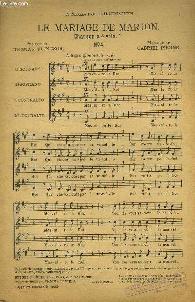 Le mariage de Marion pour 1er et 2d soprano et 1er et 2d contralto