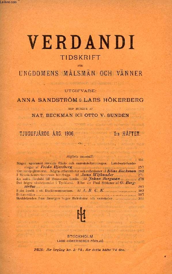 VERDANDI, TJUGUFJRDE RG. 1906, 5:e HFTET, TIDSKRIFT FR UNGDOMENS MLSMN OCH VNNER