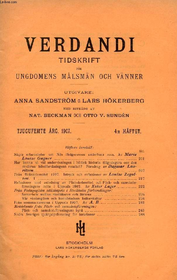 VERDANDI, TJUGUFEMTE RG. 1907, 4:e HFTET, TIDSKRIFT FR UNGDOMENS MLSMN OCH VNNER