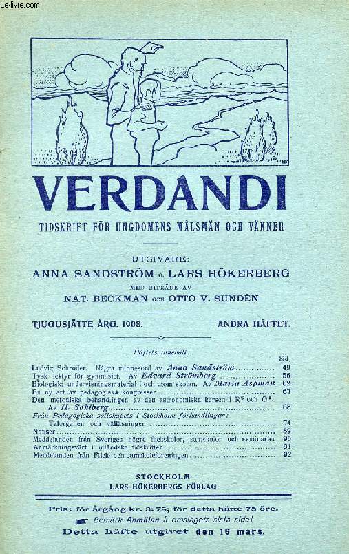 VERDANDI, TJUGUSJTTE RG. 1908, ANDRA HFTET, TIDSKRIFT FR UNGDOMENS MLSMN OCH VNNER