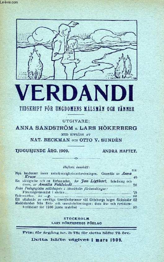 VERDANDI, TJUGUSJUNDE RG. 1909, ANDRA HFTET, TIDSKRIFT FR UNGDOMENS MLSMN OCH VNNER