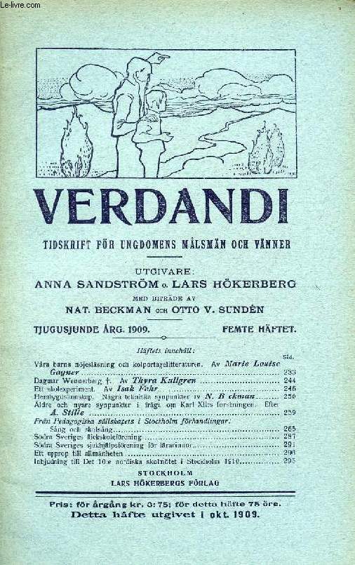 VERDANDI, TJUGUSJUNDE RG. 1909, FEMTE HFTET, TIDSKRIFT FR UNGDOMENS MLSMN OCH VNNER