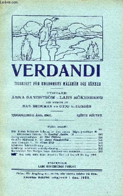 VERDANDI, TJUGUSJUNDE RG. 1909, SJTTE HFTET, TIDSKRIFT FR UNGDOMENS MLSMN OCH VNNER