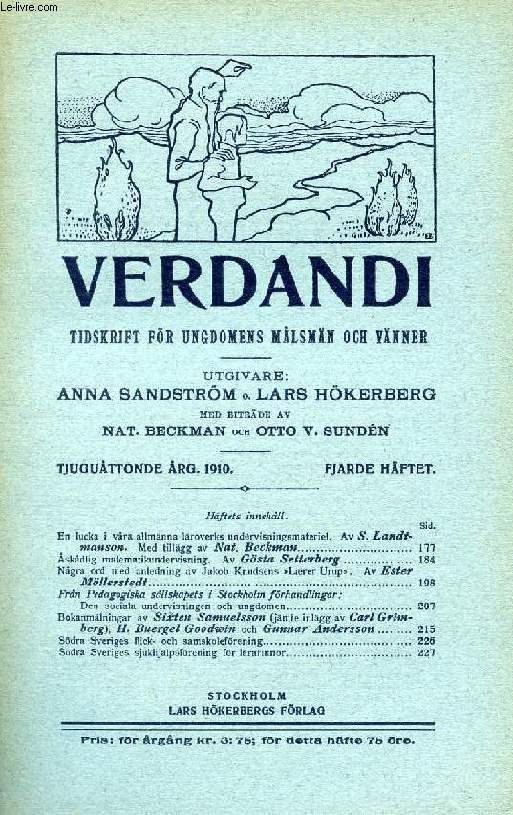VERDANDI, TJUGUTTONDE RG. 1910, FJRDE HFTET, TIDSKRIFT FR UNGDOMENS MLSMN OCH VNNER