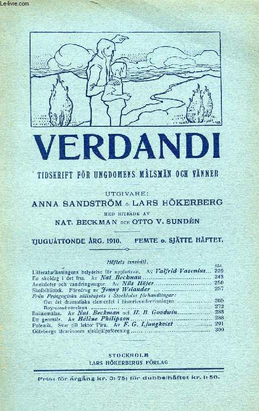 VERDANDI, TJUGUTTONDE RG. 1910, FEMTE O. SJTTE HFTET, TIDSKRIFT FR UNGDOMENS MLSMN OCH VNNER