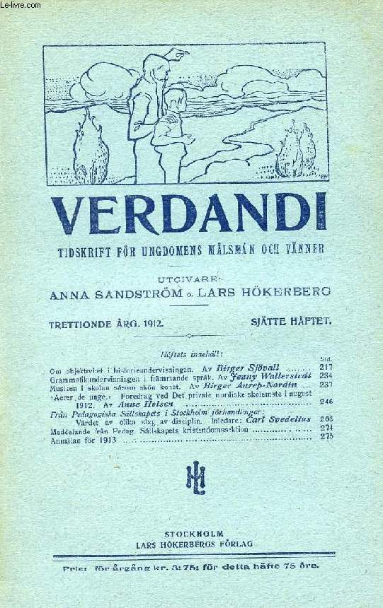 VERDANDI, TRETTIONDE RG. 1912, SJTTE HFTET, TIDSKRIFT FR UNGDOMENS MLSMN OCH VNNER