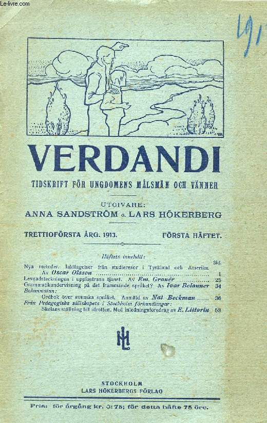 VERDANDI, TRETTIOFRSTA RG. 1913, FRSTA HFTET, TIDSKRIFT FR UNGDOMENS MLSMN OCH VNNER