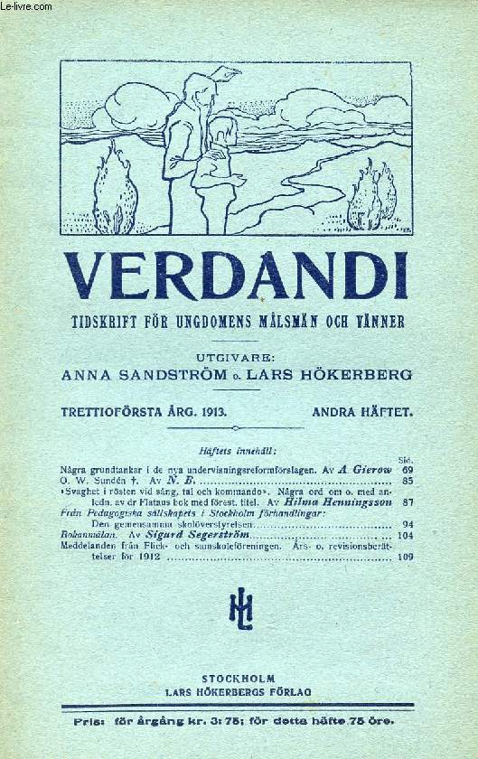 VERDANDI, TRETTIOFRSTA RG. 1913, ANDRA HFTET, TIDSKRIFT FR UNGDOMENS MLSMN OCH VNNER
