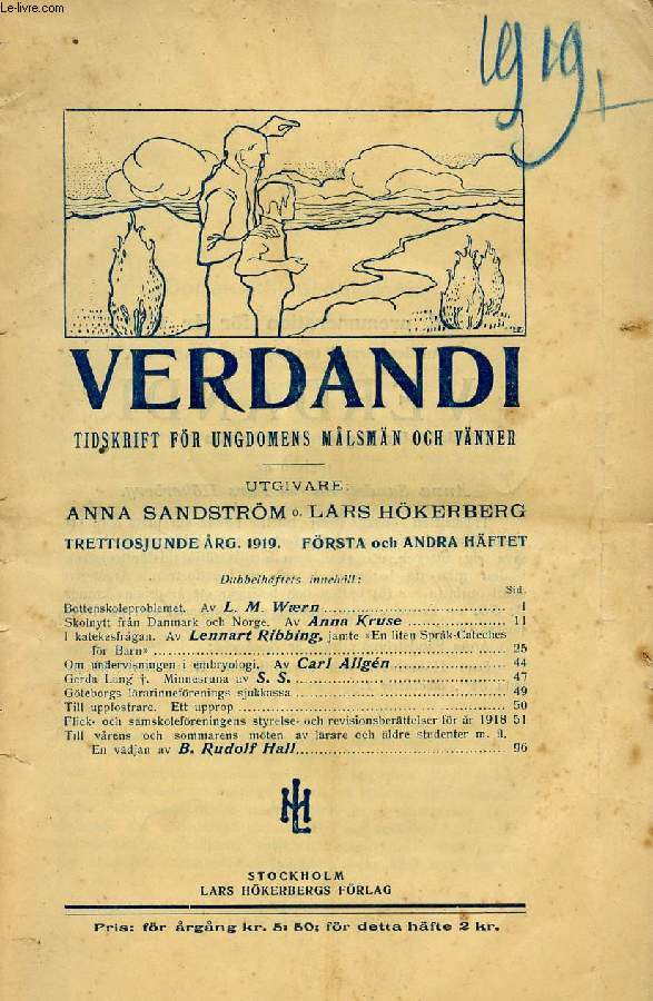 VERDANDI, TRETTIOSJUNDE RG. 1919, FRSTA O. ANDRA HFTET, TIDSKRIFT FR UNGDOMENS MLSMN OCH VNNER