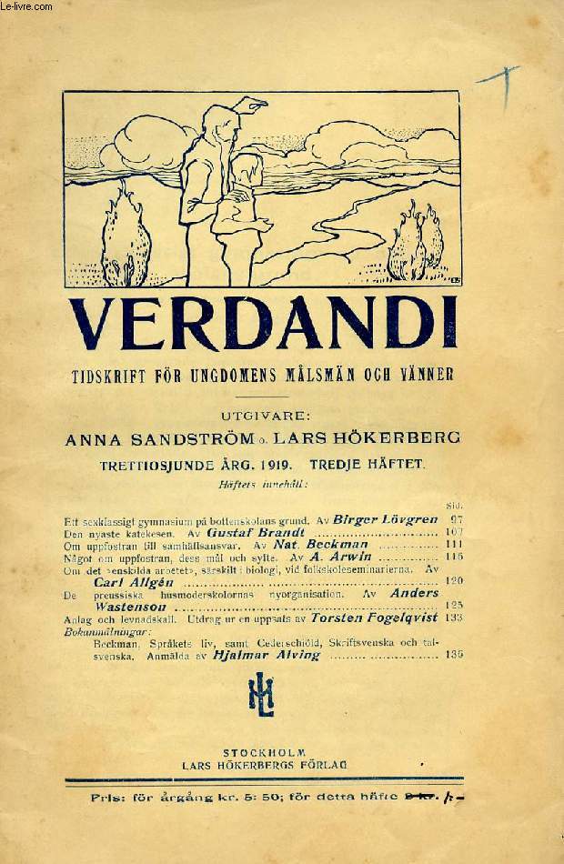 VERDANDI, TRETTIOSJUNDE RG. 1919, TREDJE HFTET, TIDSKRIFT FR UNGDOMENS MLSMN OCH VNNER