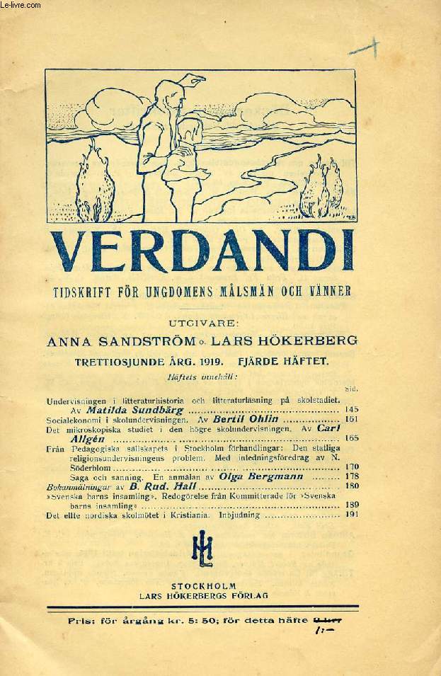 VERDANDI, TRETTIOSJUNDE RG. 1919, FJRDE HFTET, TIDSKRIFT FR UNGDOMENS MLSMN OCH VNNER