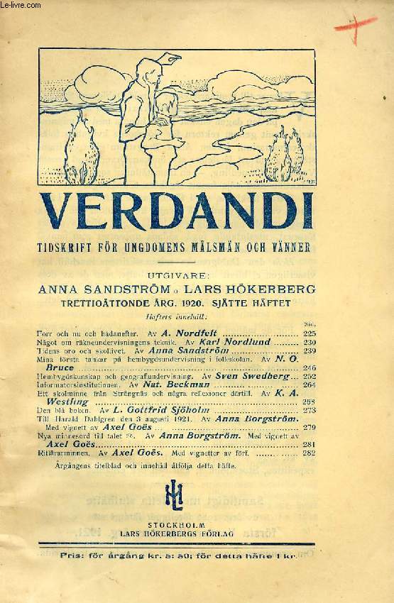 VERDANDI, TRETTIOTTONDE RG. 1920, SJTTE HFTET, TIDSKRIFT FR UNGDOMENS MLSMN OCH VNNER