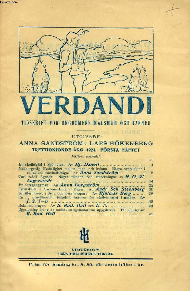 VERDANDI, TRETTIONIONDE RG. 1921, FRSTA HFTET, TIDSKRIFT FR UNGDOMENS MLSMN OCH VNNER
