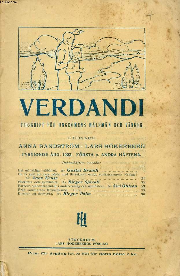 VERDANDI, FYRTIONDE RG. 1922, FRSTA O. ANDRA HFTENA, TIDSKRIFT FR UNGDOMENS MLSMN OCH VNNER