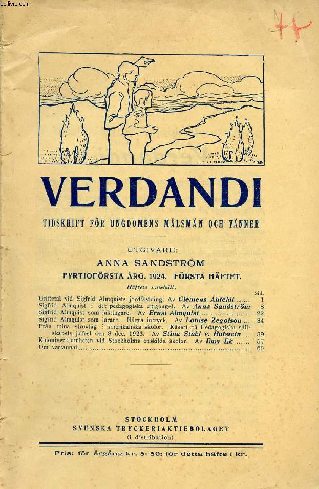 VERDANDI, FYRTIOFRSTA RG. 1924, FRSTA HFTET, TIDSKRIFT FR UNGDOMENS MLSMN OCH VNNER