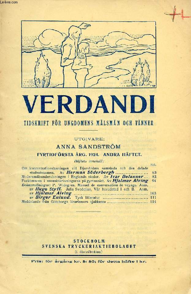 VERDANDI, FYRTIOFRSTA RG. 1924, ANDRA HFTET, TIDSKRIFT FR UNGDOMENS MLSMN OCH VNNER