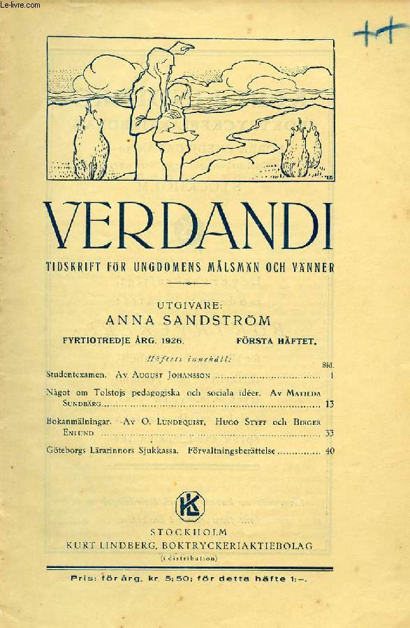 VERDANDI, FYRTIOTREDJE RG. 1926, FRSTA HFTET, TIDSKRIFT FR UNGDOMENS MLSMN OCH VNNER