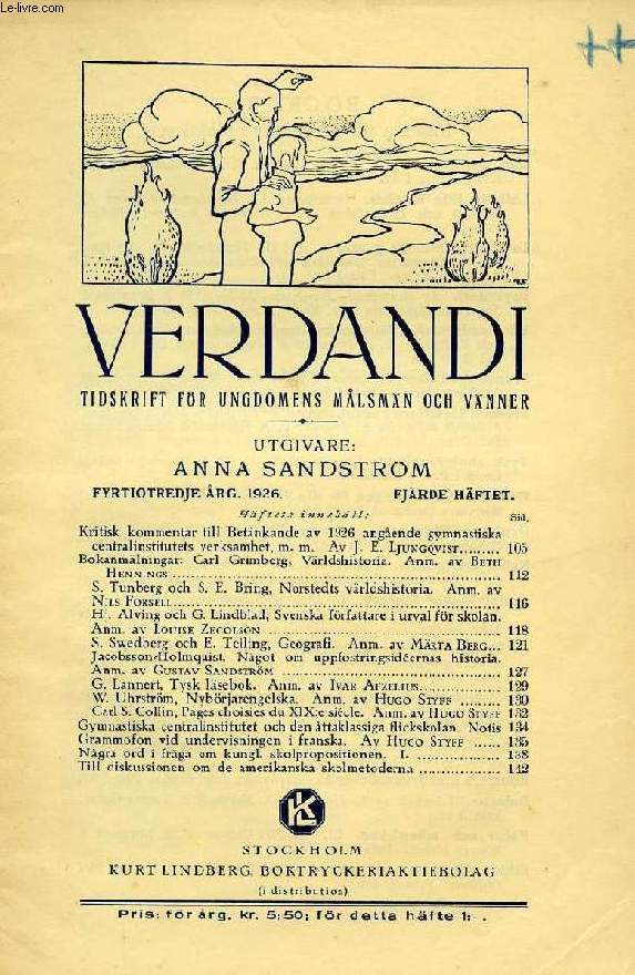 VERDANDI, FYRTIOTREDJE RG. 1926, FJRDE HFTET, TIDSKRIFT FR UNGDOMENS MLSMN OCH VNNER