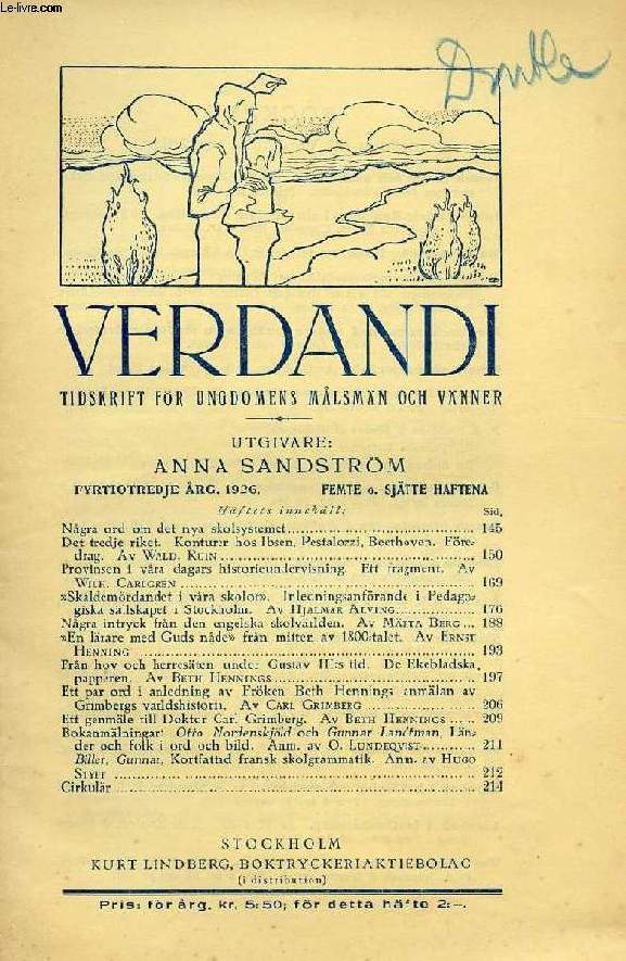 VERDANDI, FYRTIOTREDJE RG. 1926, FEMTE O. SJTTE HFTENA, TIDSKRIFT FR UNGDOMENS MLSMN OCH VNNER