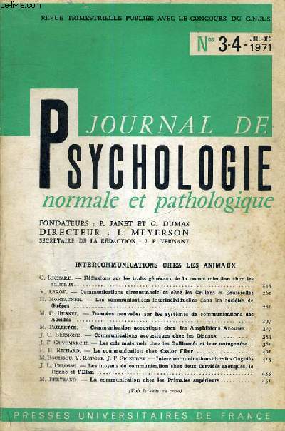 JOURNAL DE PSYCHOLOGIE NORMALE ET PATHOLOGIQUE - REVUE TRIMESTRIELLE PUBLIEE AVEC LE CONCOURS DU C.N.R.S. N 34