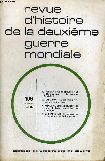 REVUE D'HISTOIRE DE LA DEUXIEME GUERRE MONDIALE - N106