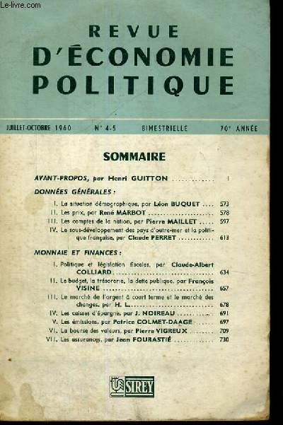 REVUE D'ECONOMIQUE POLITIQUE - LA FRANCE ECONOMIQUE EN 1959 - JUILLET-OCTOBRE 1960 - N 4-5 - BIMESTRIELLE - 70 ANNEE