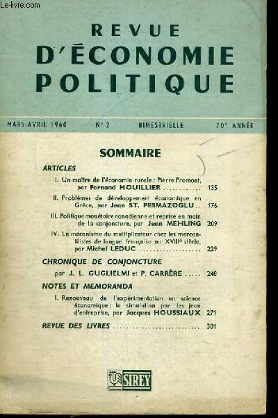 REVUE D'ECONOMIQUE POLITIQUE - UN MAITRE DE L'ECONOMIE RURALE: P. FROMONT - MARS-AVRIL 1960 - N 2 - 70 ANNEE